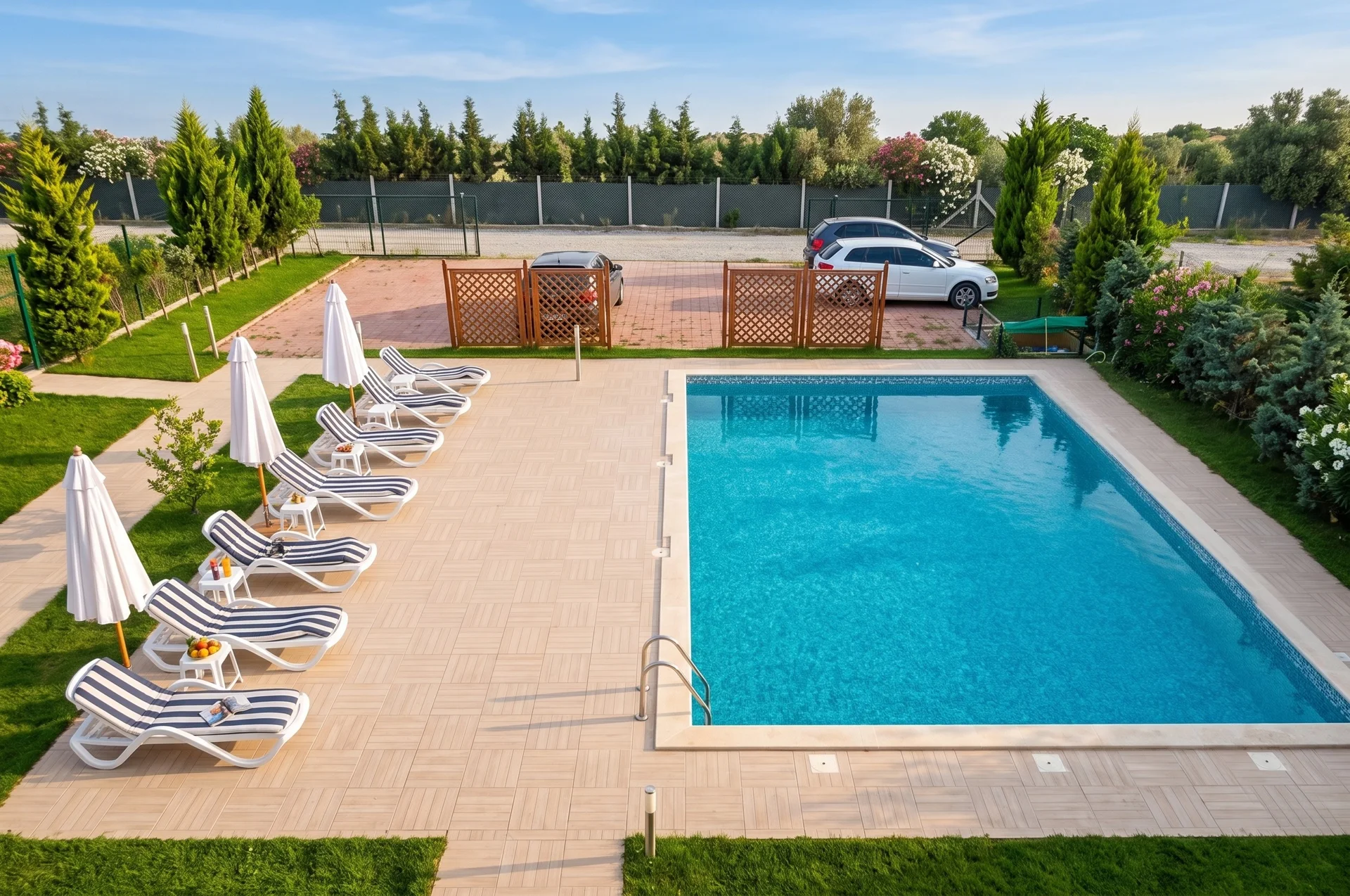 Vedere de sus asupra piscinei InWaves cu umbrele și șezlonguri
